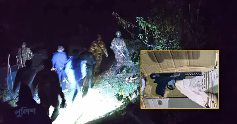 যৌথ বাহিনীর অভিযান ও ইনসেটে উদ্ধার হওয়া অস্ত্র